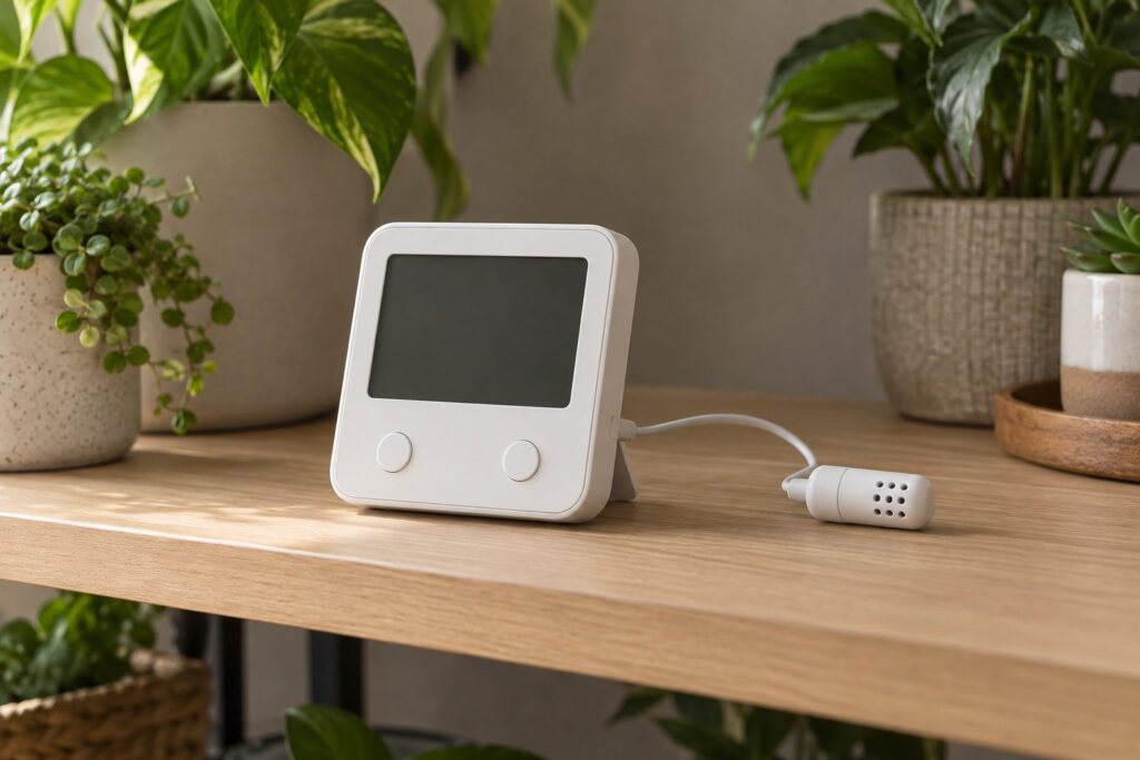 Termohigrómetro blanco con pantalla apagada y sonda externa sobre una repisa de madera junto a plantas.