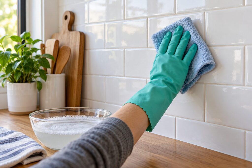 Mano con guante limpiando azulejos blancos con una bayeta junto a un recipiente de agua jabonosa
