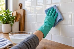 Mano con guante limpiando azulejos blancos con una bayeta junto a un recipiente de agua jabonosa
