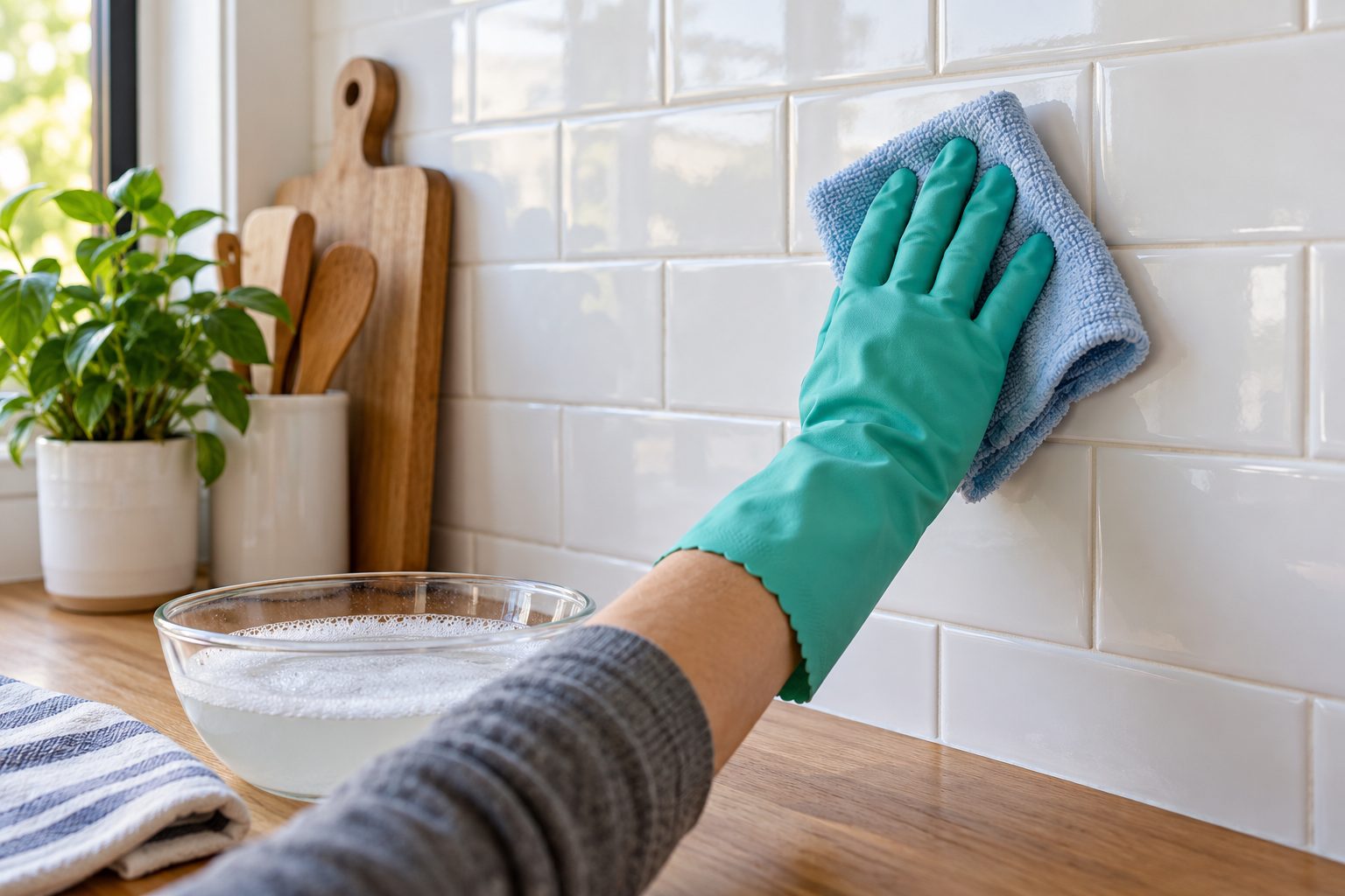Mano con guante limpiando azulejos blancos con una bayeta junto a un recipiente de agua jabonosa