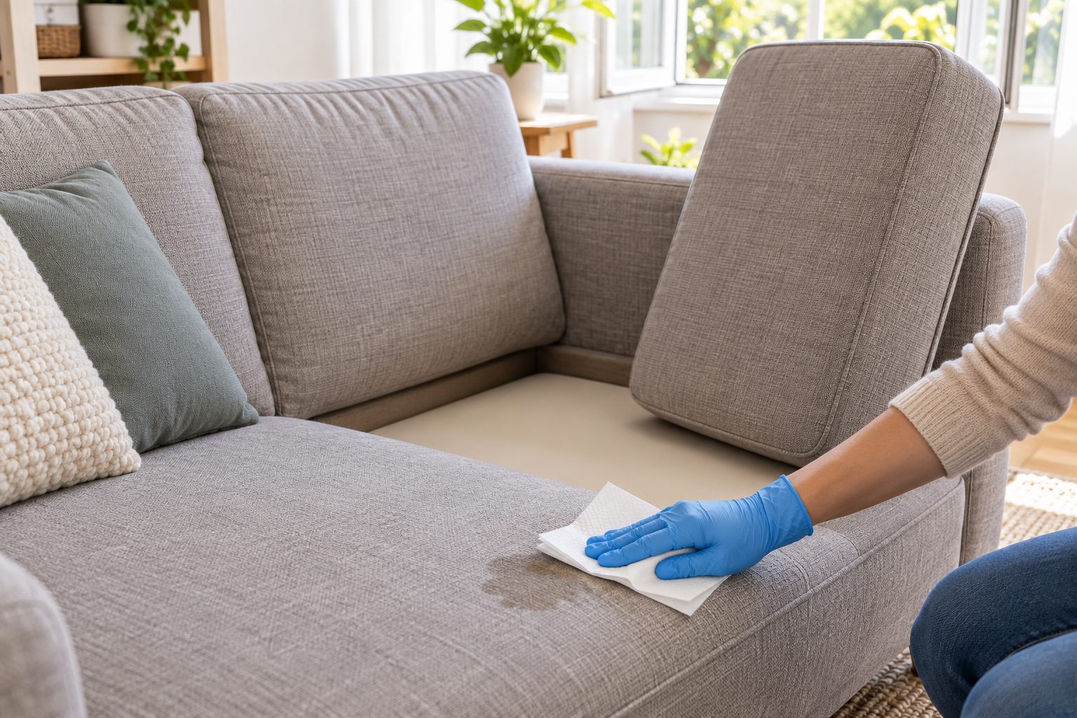 Mano con guante absorbiendo una zona húmeda de un sofá de tela con papel y un cojín separado para ventilar