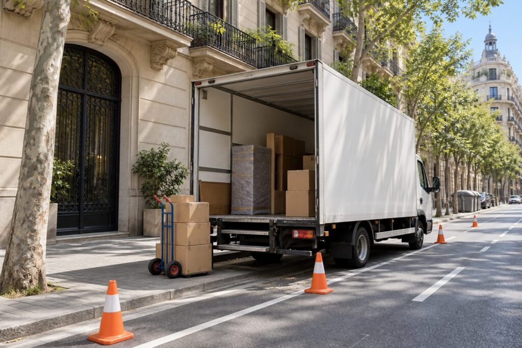 Camión de mudanzas junto a un bordillo de Barcelona con cajas, carretilla y conos de delimitación