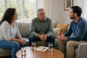 Tres familiares adultos conversando con calma y respeto en el salón de una casa