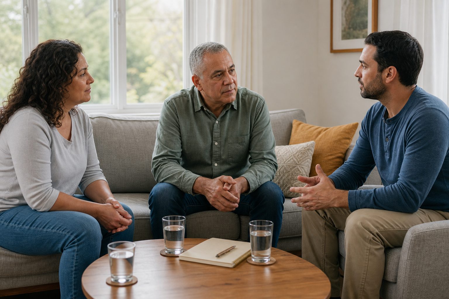 Tres familiares adultos conversando con calma y respeto en el salón de una casa