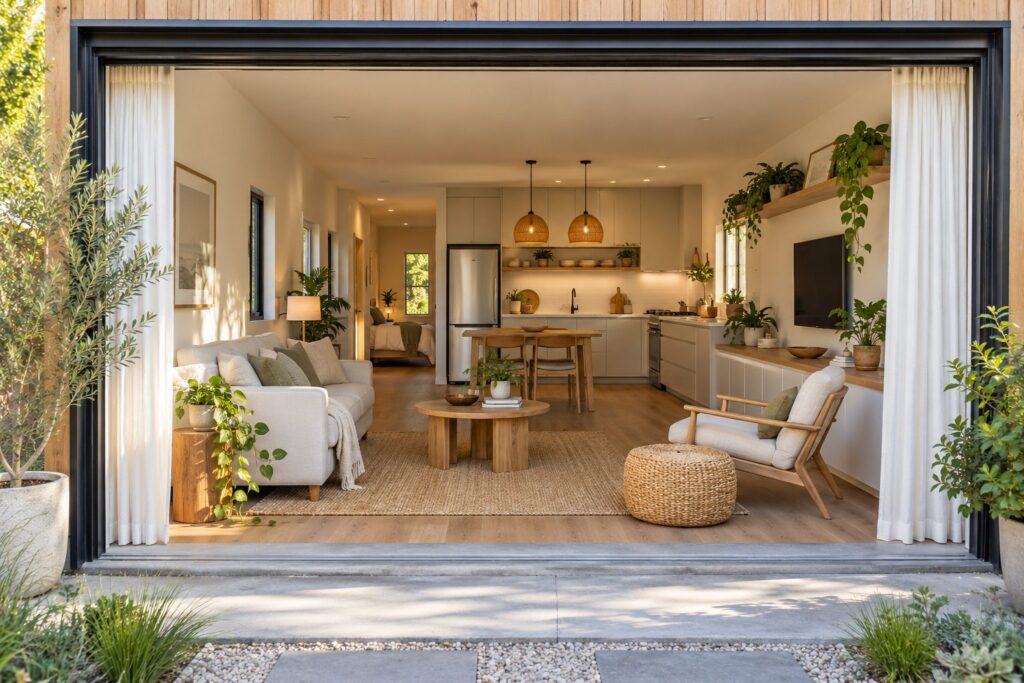 Propuesta ilustrativa de un antiguo garaje convertido en vivienda con salón, cocina abierta y frente acristalado