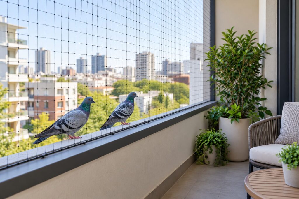 Dos palomas en una cornisa exterior separadas del interior de un balcón por una red tensada
