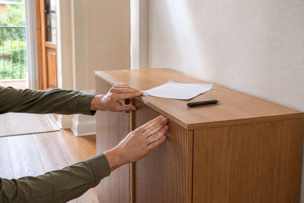 Persona revisando un aparador de madera recién entregado junto al albarán
